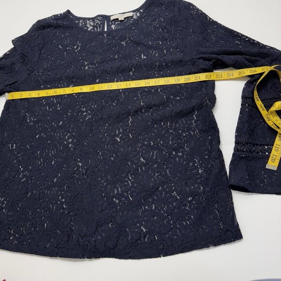 Ann Taylor LOFT Lace Tunic Top XL Dark Blue Bell Sleeve Sheer - Picture 8 of 10